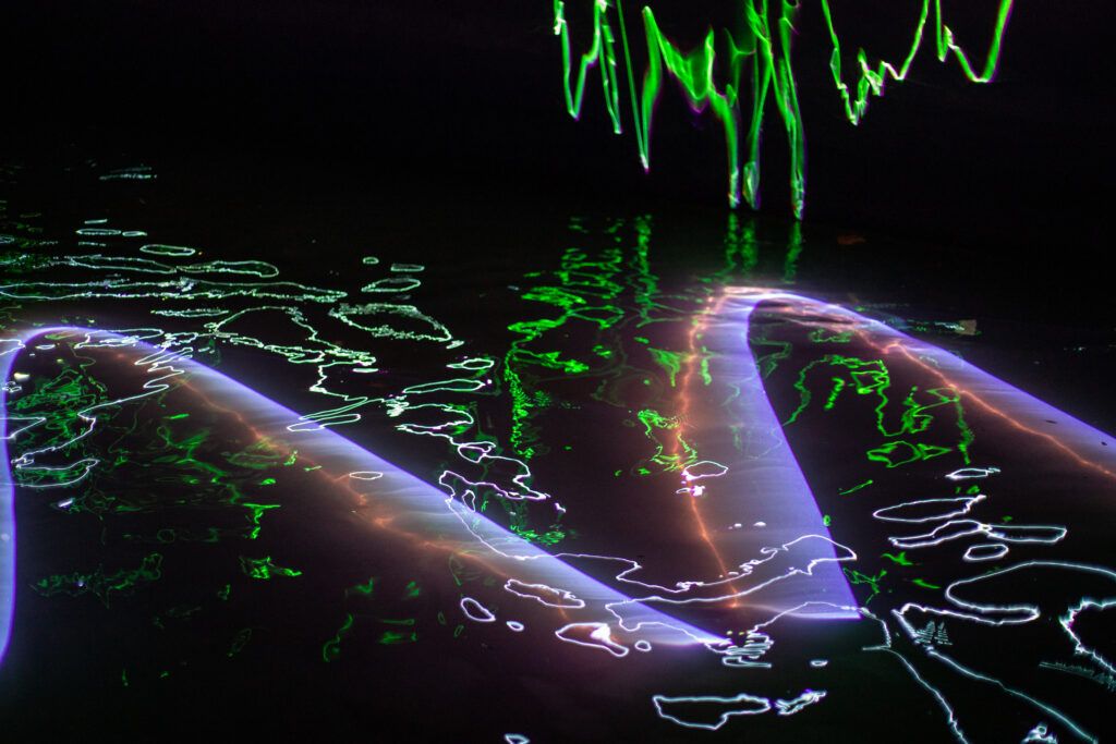 © Camille Crucifix Laser beams are projecten on the river Senne in the sewer Museum in Brussels
